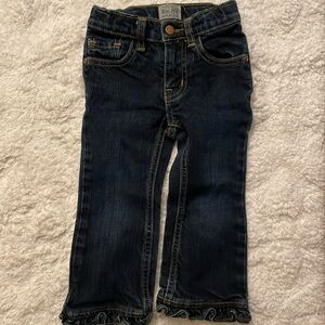 Denim blue jeans 2-3T, zip-up with a button and 5 functional pockets.